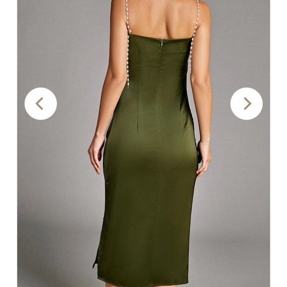 Dark Green Satin faux-Pearl strapped Dress - Picture 4 of 7